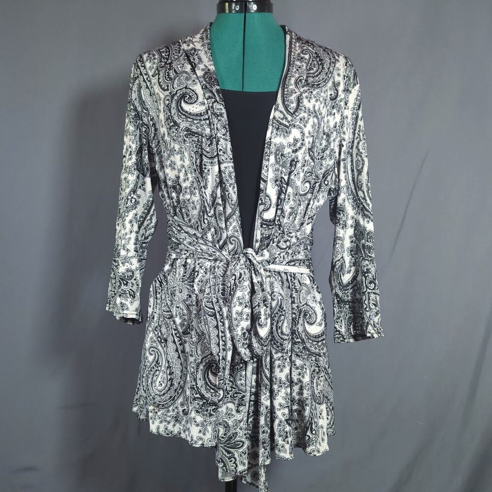 R&M Richards Paisley Kimono Jacket 2PC Set Black White Tie Front Boho Duster